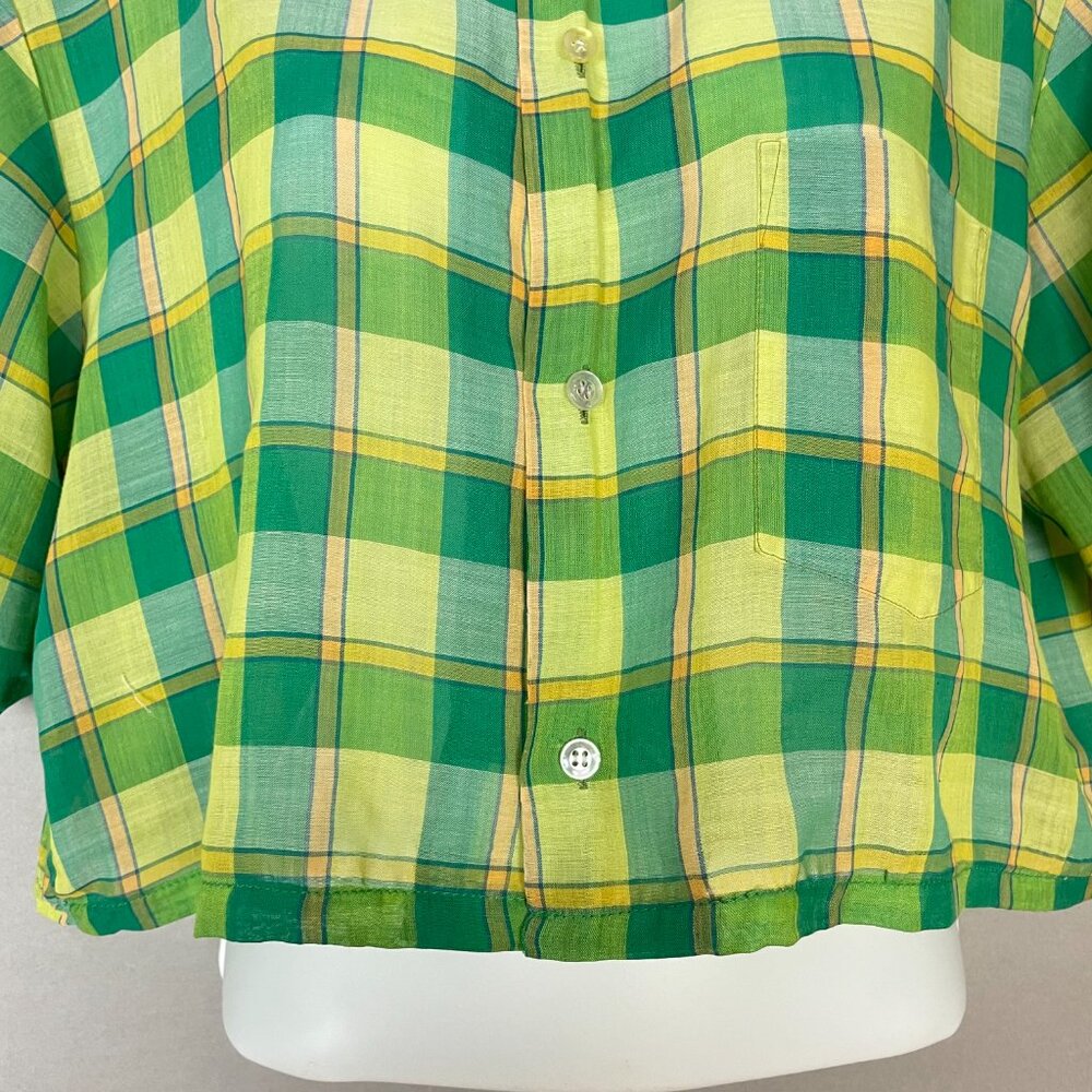 Vintage‎ Plaid Shirt DIY Crop Green Yellow FLAWS Lightweight Button-Up Crop Top - Picture 4 of 16